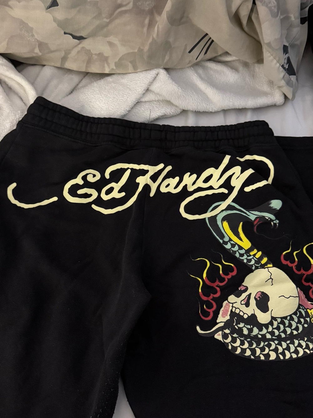 Ed Hardy Black Joggers with Neon Skull & Snake Graphic